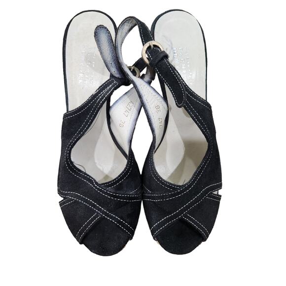 Barneys New York Black Suede Slingback Wedge Sandals Size 38 7.5/8 US Open Toe - Picture 1 of 7